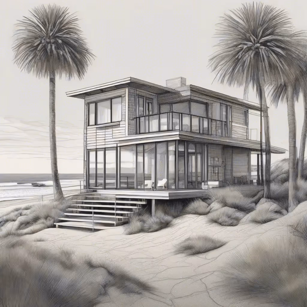 Con el estilo de bocetos detallados a lápiz y trazos con realismo naturalista, crea una imagen de una casa de playa moderna en California.