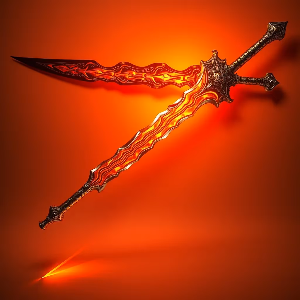 Cette épée possède une lame ondulée en forme de flamme qui reflète la lumière en motifs ondulés. Il est conçu pour paraître intimidant et est souvent richement décoré.