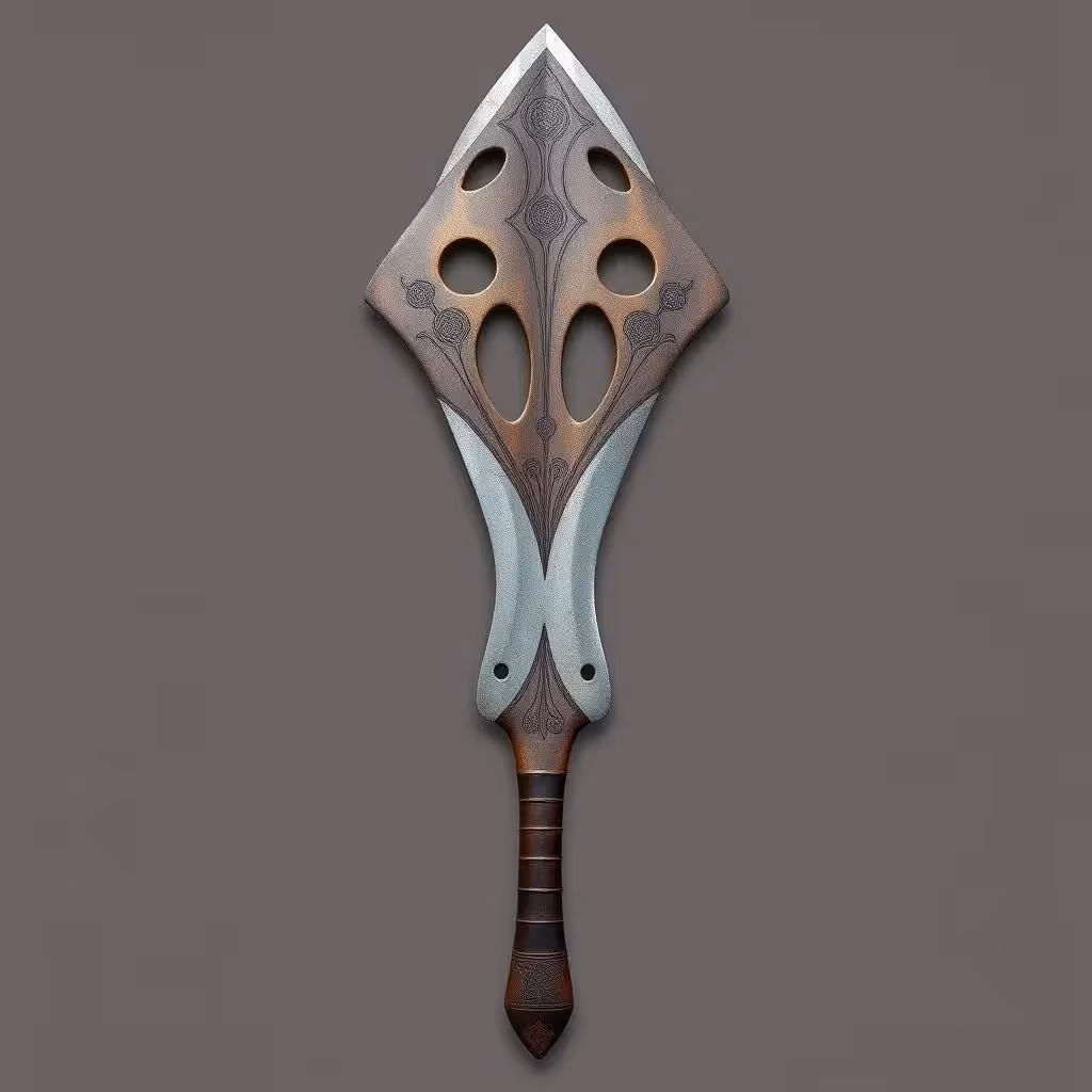 Une large lame africaine en forme de feuille avec des découpes artistiques et des motifs tribaux. Cela ressemble plus à une œuvre d'art cérémonielle qu'à une arme.