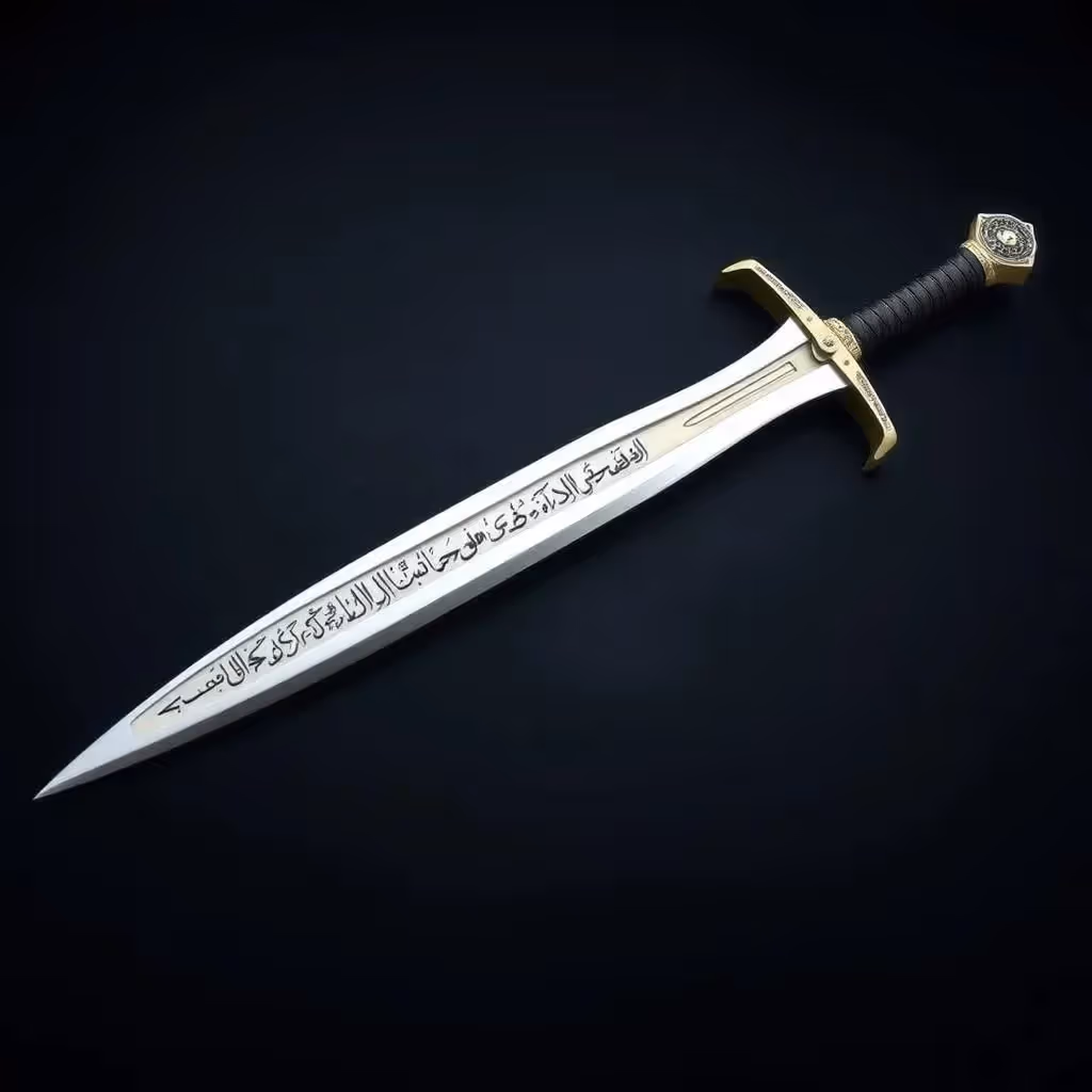 L'épée a une pointe fendue ou fourchue, souvent illustrée par une calligraphie islamique sur la lame. Incurvé et sacré, il symbolise la justice et le pouvoir.