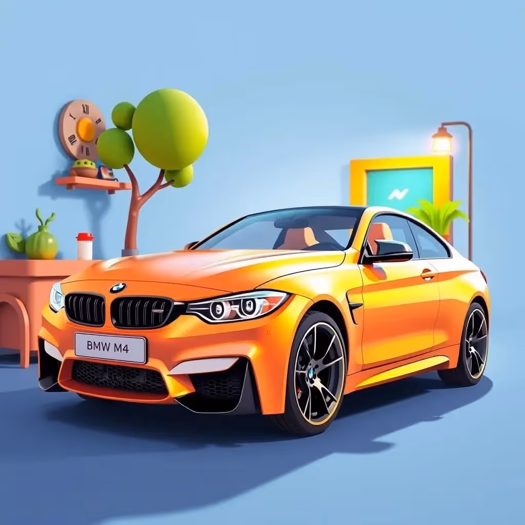 Dans le style de l'illustration numérique de personnages 3D, créez une idée unique d'une élégante BMW M4 en mouvement.