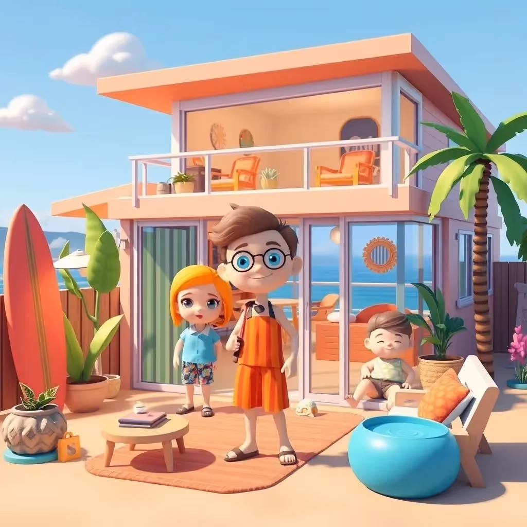 Atmosphère accueillante inspirée de votre personnage de surfeur en 3D dans une maison de plage moderne en Californie.