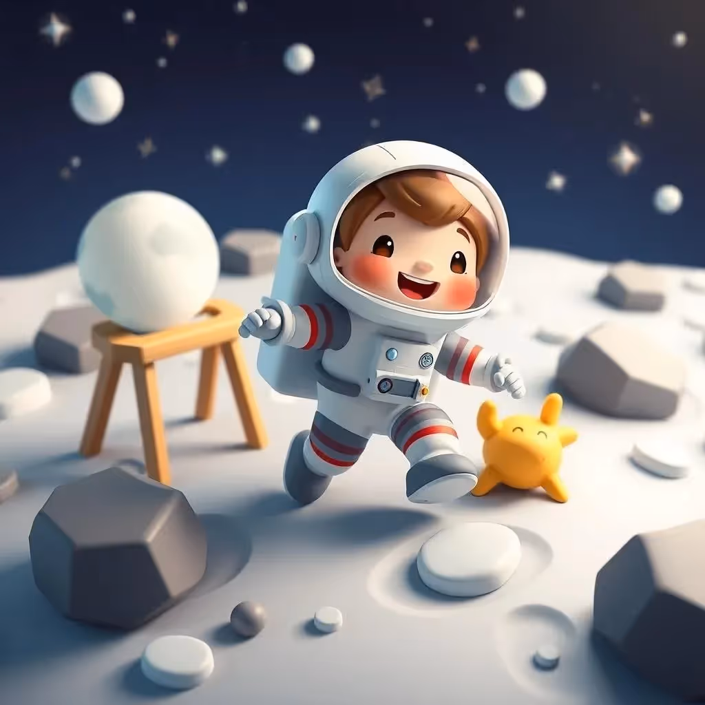 Capturez un personnage en 3D dans une atmosphère amusante et accueillante, inspirée de votre idée unique d'un astronaute faisant le premier pas sur la lune.