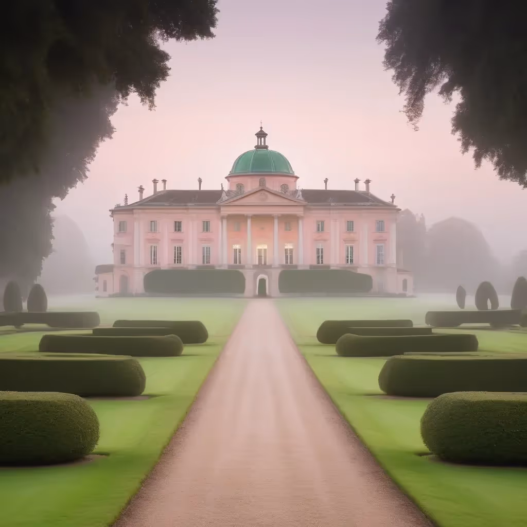 Manoir du début du baroque avec coupole centrale et ailes symétriques, larges marches, vastes pelouses verdoyantes, longue allée bordée d'arbres, domaine romantique du XVIIIe siècle.
