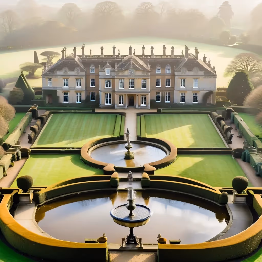 Manoir avec de grandes fenêtres et des balustrades en pierre, des animaux du parc safari légèrement en arrière-plan, des jardins à la française au premier plan, des fontaines