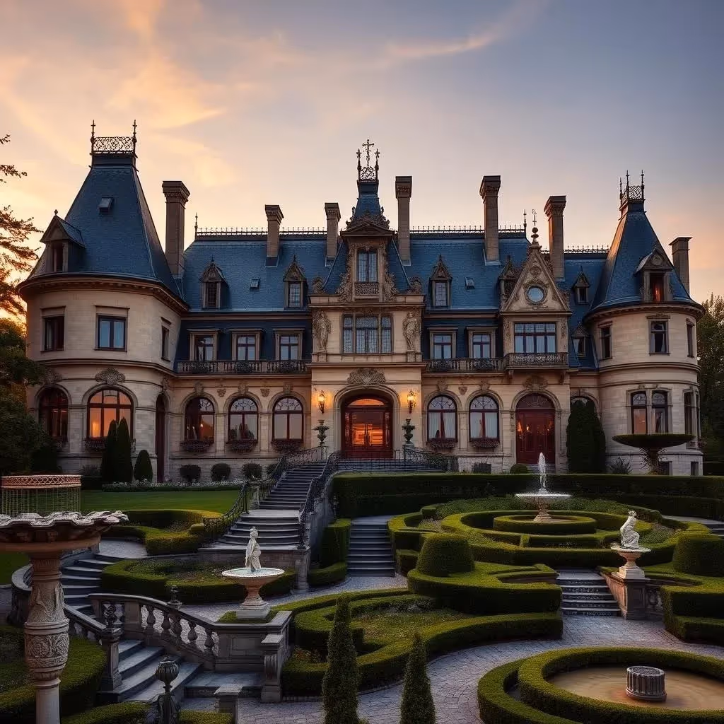 Manoir de style château français, tourelles ornées et toits abrupts en ardoise, sculptures en pierre détaillées, jardins en terrasses avec fontaines et sculptures, heure dorée au coucher du soleil