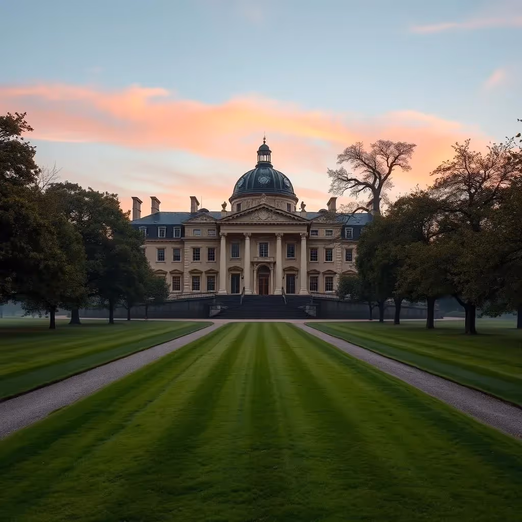 Manoir baroque avec coupole centrale et ailes symétriques, larges marches, vastes pelouses verdoyantes, longue allée bordée d'arbres, domaine romantique du XVIIIe siècle au crépuscule dans la brume.