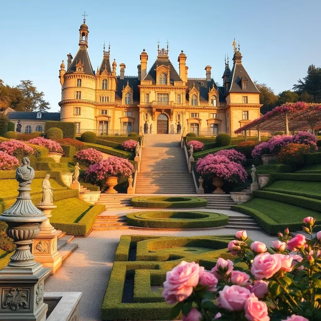 Château avec des tourelles ornées, des façades en pierre sculptée, des labyrinthes de haies symétriques et des pergolas recouvertes de roses en fleurs sous la lumière dorée de l'après-midi.
