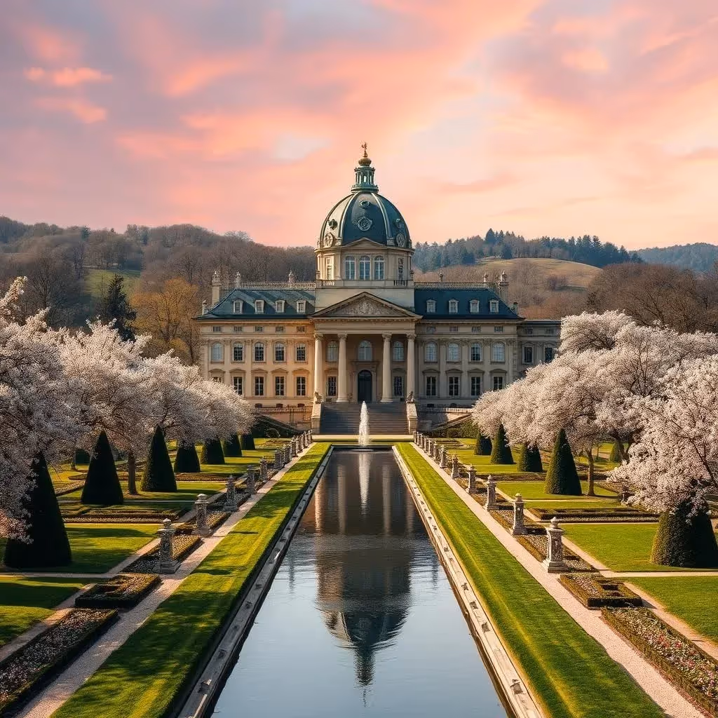 Manoir du Yorkshire regorgeant de jardins folies rayonnantes, d'un long canal d'eau bordé d'obélisques, de jardins clos secrets et de cerisiers en fleurs.