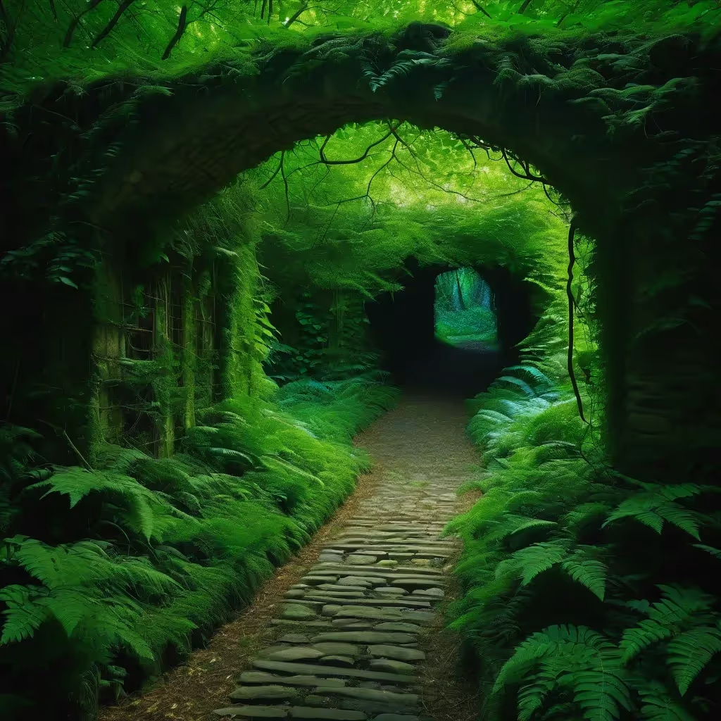 Une ancienne arche en pierre recouverte de vignes au cœur d'une forêt verdoyante, des fougères bioluminescentes, un chemin doux menant au mystère au-delà