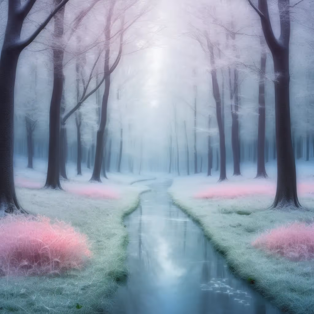 Une clairière dont la moitié est en floraison printanière et l'autre moitié en période de gelée hivernale, une ligne de démarcation claire, un équilibre mystique, des animaux rougeoyants des deux côtés