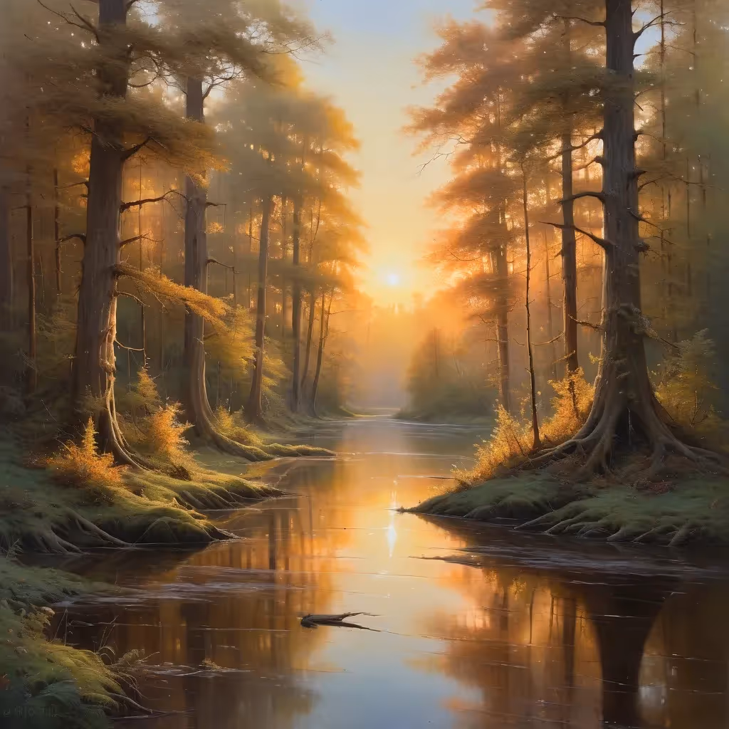Superbe peinture à l'huile représentant une forêt mythique et magique au coucher du soleil, avec un éclairage doré. Situé au milieu d'une forêt liminale à couper le souffle, près d'un lac.