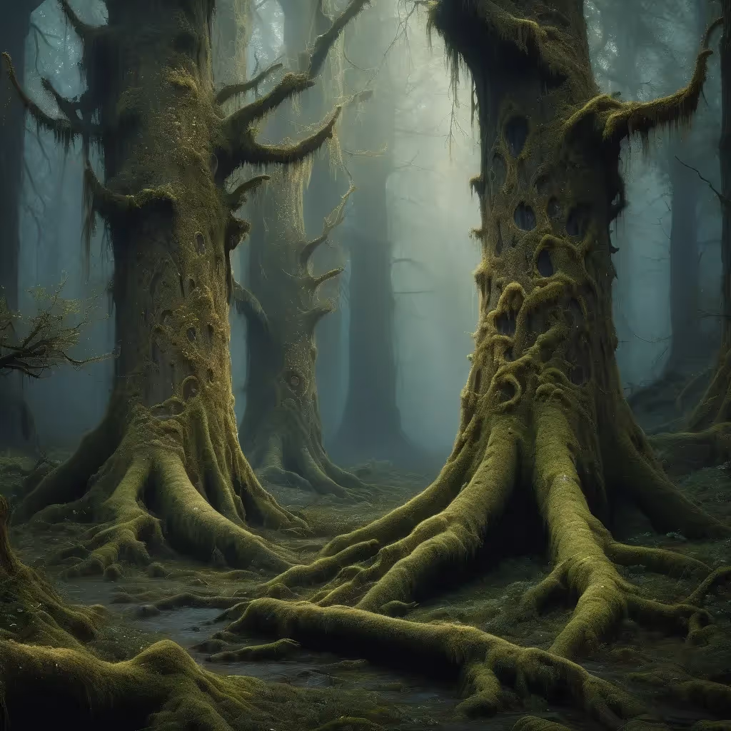 Une forêt liminale mythique du Pays des Légendes : de vieux arbres moussus aux motifs lumineux, une brume tourbillonnante et éthérée.