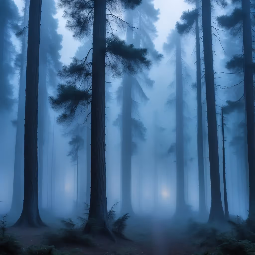 De grands pins élancés s'élevant dans un faible brouillard, des brindilles qui brillent au-dessus du sol de la forêt, un clair de lune bleuâtre perçant la brume