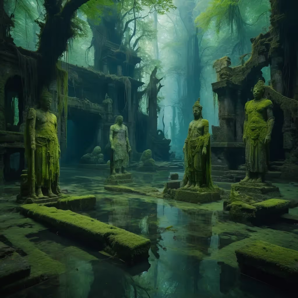 Ruines partiellement submergées dans une forêt ancienne, statues couvertes d'algues, poissons rougeoyants nageant dans les racines, canopée recouverte de mousse au-dessus