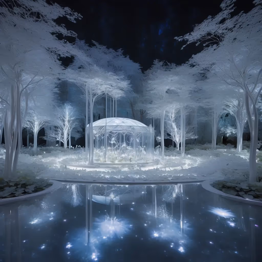Jardin éclairé par la lune à l'intérieur d'un dôme forestier en verre, arbres blancs aux feuilles argentées, sylphes dansant parmi des pétales flottants, piscines d'eau rougeoyantes