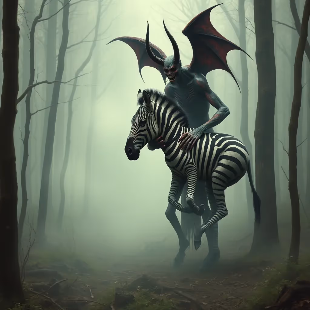 Figure gothique serrant un zèbre dans des bois brumeux - fantaisie gothique surréaliste