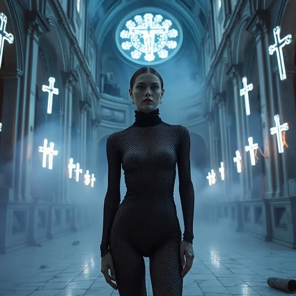 Mannequin vêtu d'un body en maille à col haut se tient à l'intérieur d'une cathédrale déconstruite éclairée par des crucifix au néon, tandis que du brouillard se répand sur les carreaux de marbre brisés