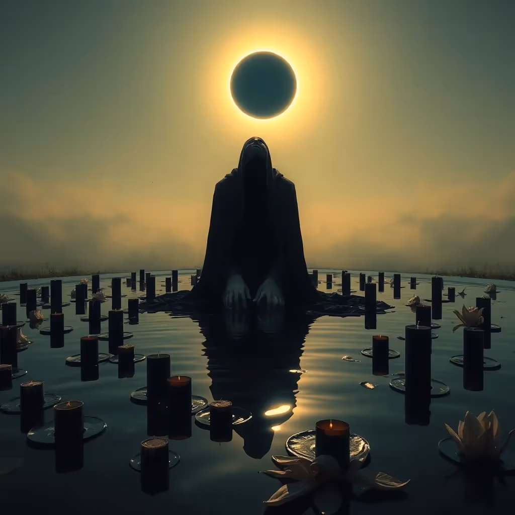 Un personnage est agenouillé dans une piscine réfléchissante sous une éclipse solaire, vêtu d'un manteau noir dégoulinant et entouré de bougies noires flottantes et de lys fanés.