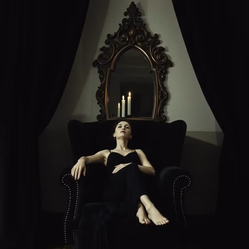 Une femme pâle est allongée dans un fauteuil en velours noir, encadré par des rideaux anthracites allant du sol au plafond, avec une bougie projetant son ombre sur un miroir gothique orné derrière elle.