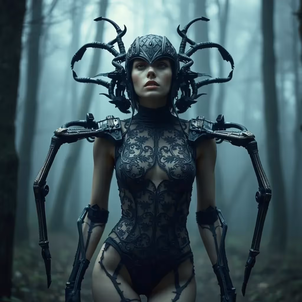 Misty Woods - un mannequin de haute couture gothique fantastique surréaliste porte un body en dentelle transparente sous un exosquelette métallique structuré