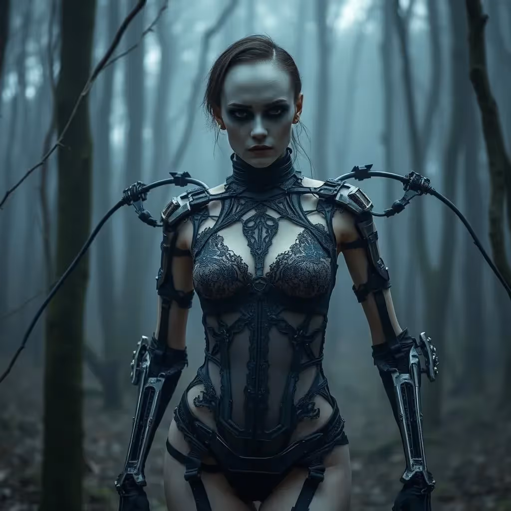 Misty Woods - un mannequin de haute couture gothique fantastique surréaliste porte un body en dentelle transparente sous un exosquelette métallique structuré