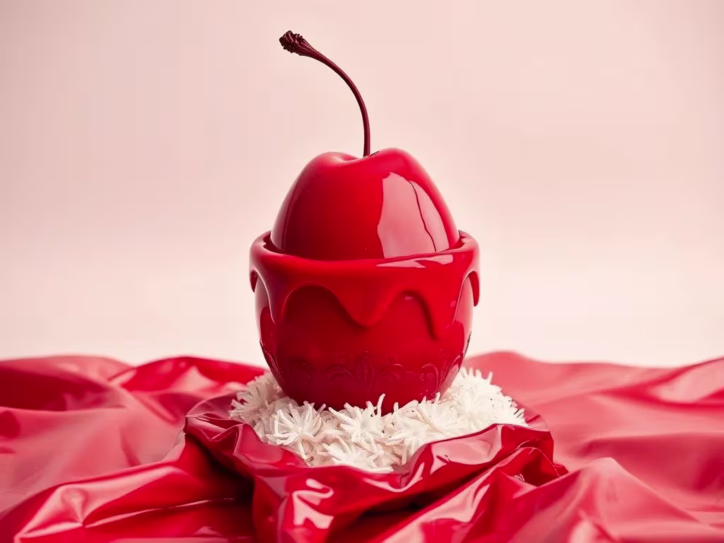 Un dessert unique en forme de cerise, mousse ou gelée, posé dans un bol de marbre rouge. Glaçage miroir luisant sous une lumière douce, tige élégante dressée comme une sculpture.