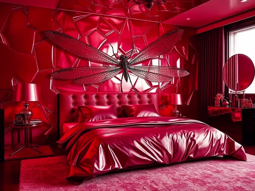 Salon ultramoderne tout en rouge : canapés cuir, tapis moelleux, murs veinés de marbre et plafond rétroéclairé. Quelques accents noirs (plante, table, œuvres) rythment ce décor rubis.