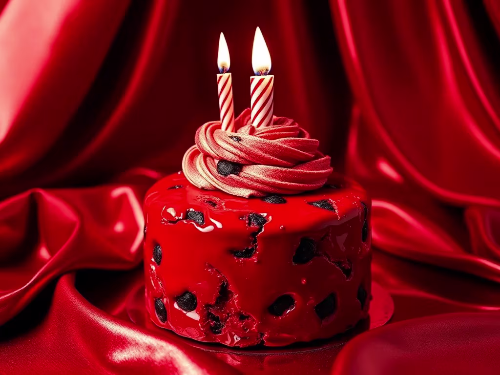 Gâteau rond uni-étage, glaçage miroir rouge cerise, éclats de biscuits foncés, swirl de glaçage assorti et deux bougies rayées, posé sur un satin rouge drapé. Sources