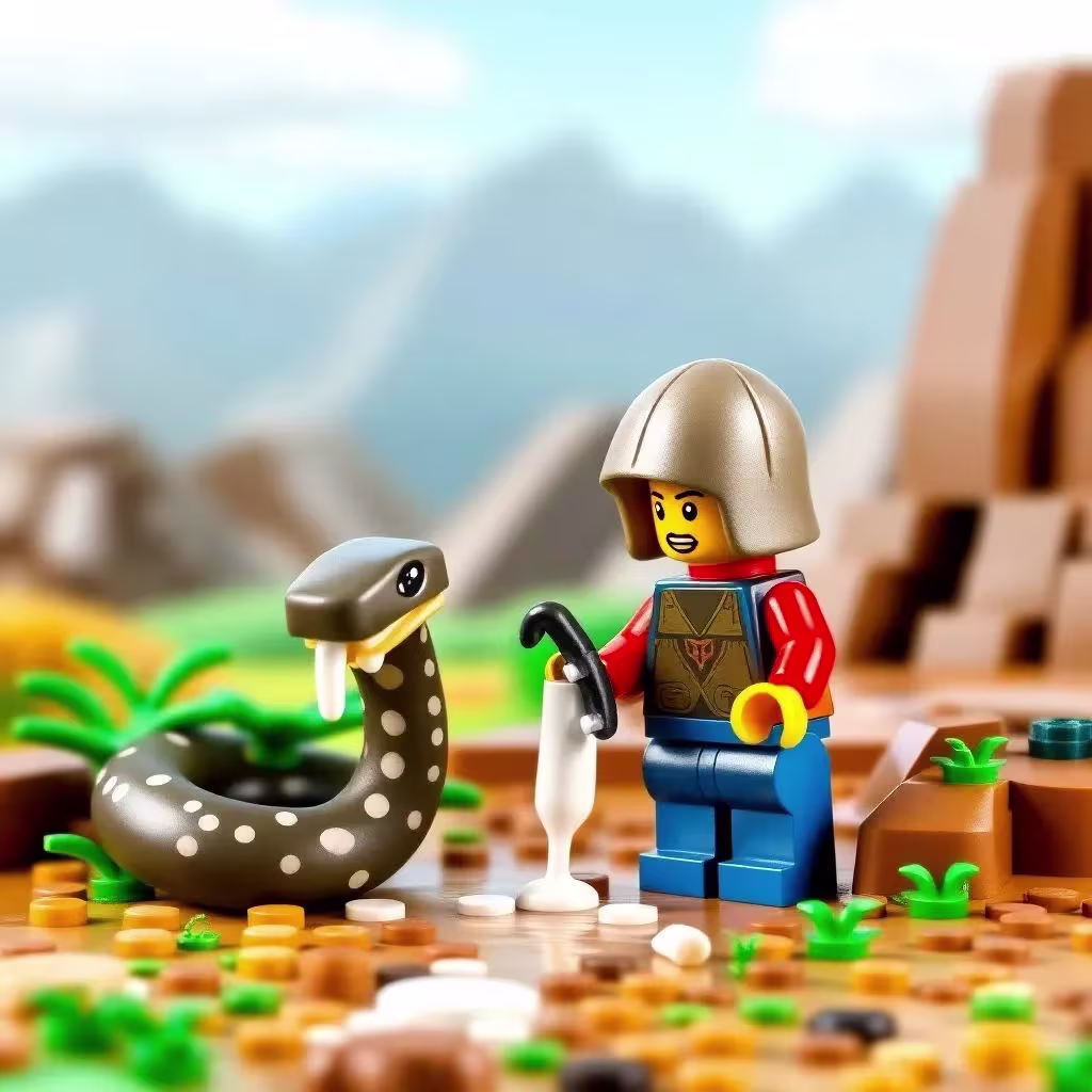 LEGO inspired minifigure in tan helmet and armor uses a snake-catcher’s tool on a coiled, white-spotted brown snake in a rocky desert scene and green plants under a blurred mountain backdrop.