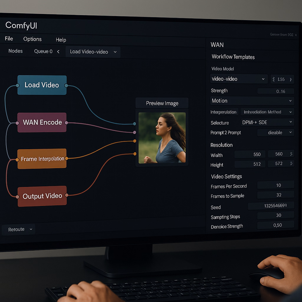 Computer interface showing LM Studio and ComfyUI workflow integration with visual node connections and AI model configurations
