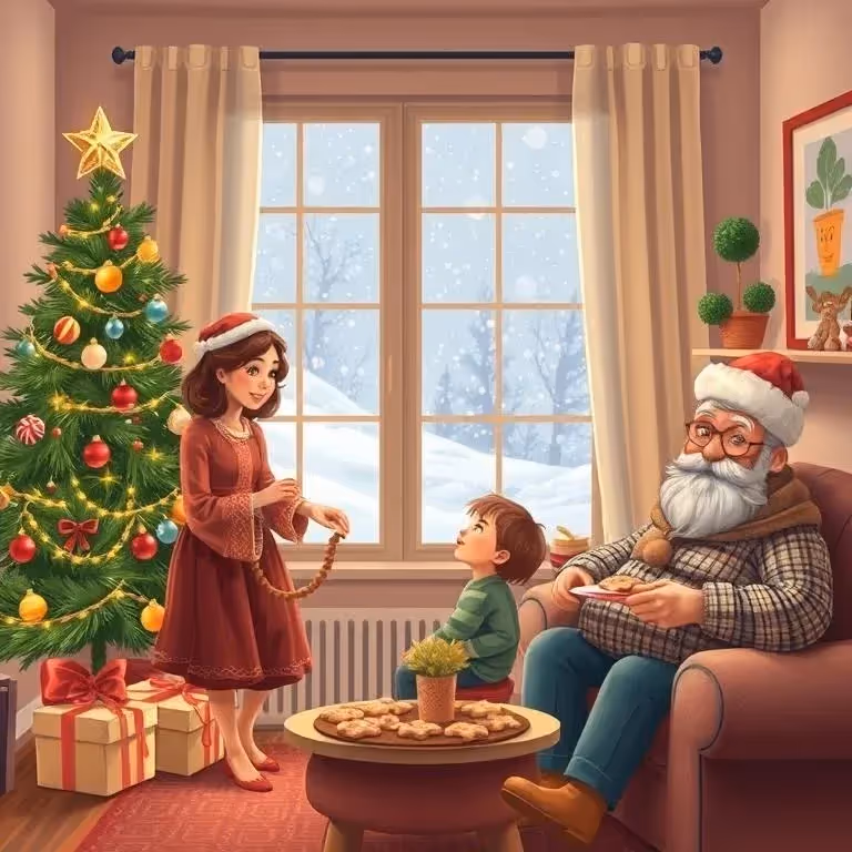 AI picture of a cozy living room scene with a mother and child decorating a tree, uncle with cookies
