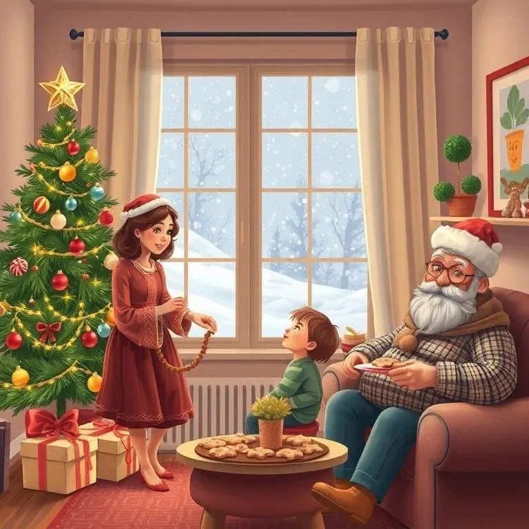 A cozy living room scene with a mother and child decorating a tree, uncle with cookies