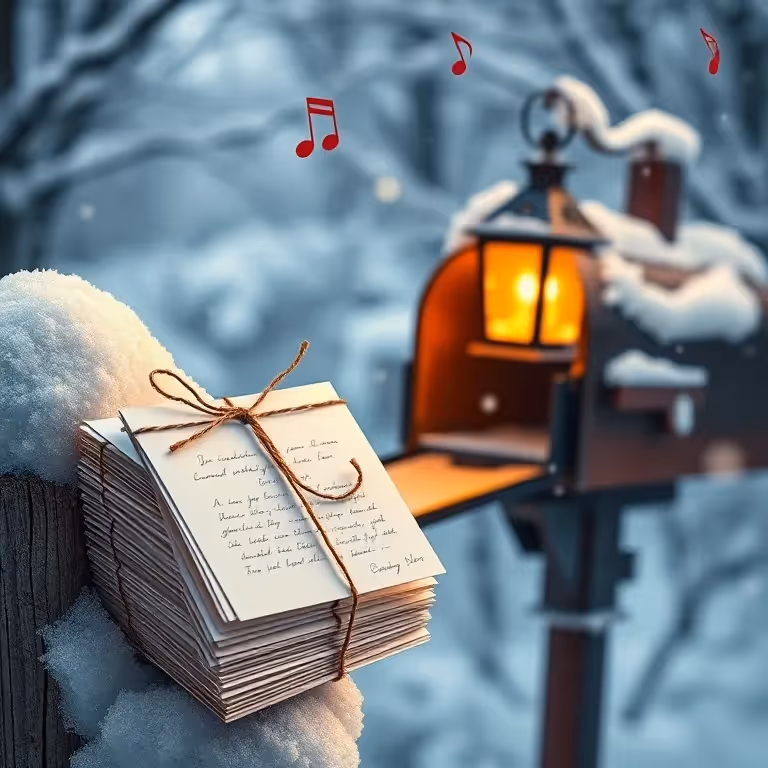 AI image generated of handwritten Christams card tied by a snowy mailbox with a lantern