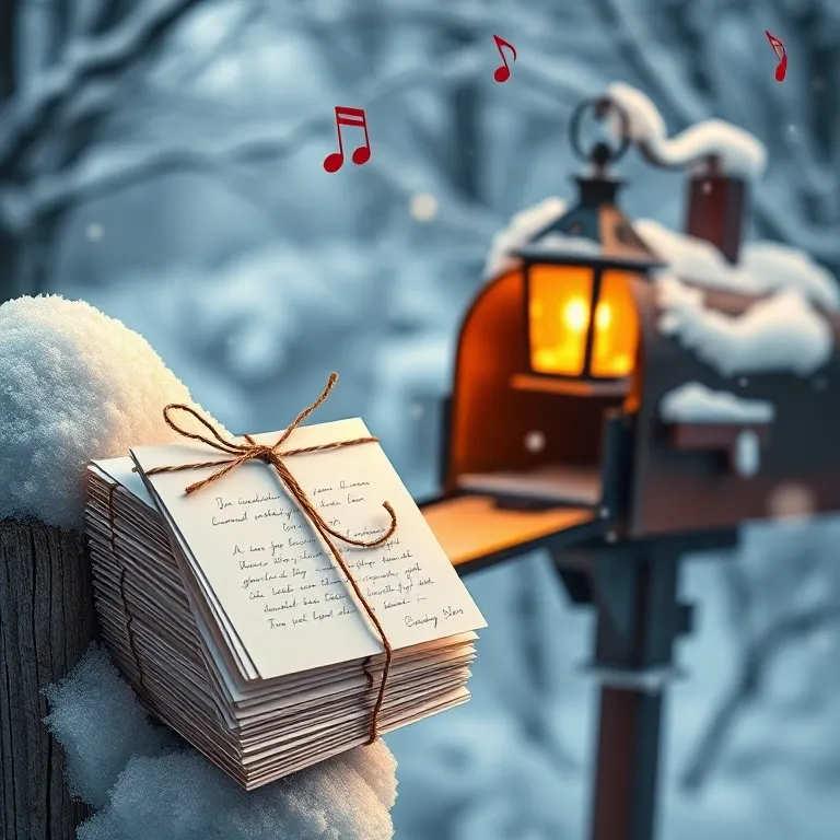 A stack of tied handwritten cards by a snowy mailbox with a lantern