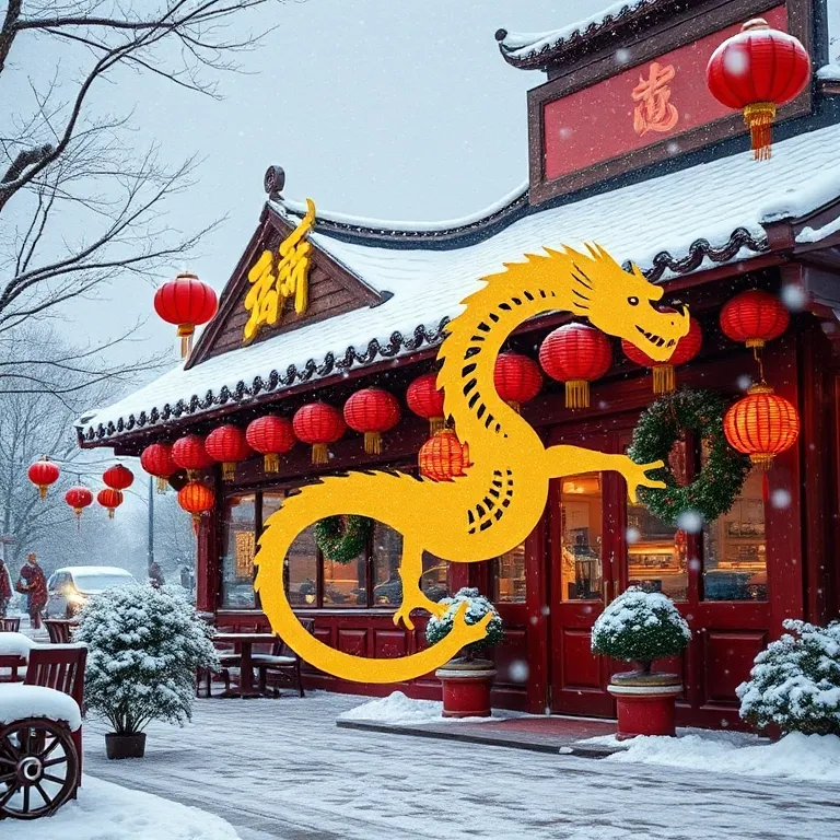 Chinese restaurant decorated with red lanterns and wreaths; gold dragon silhouette winding through softly falling snow.