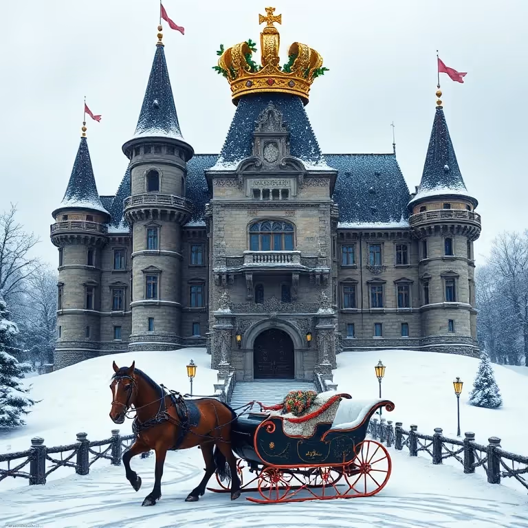 AI images generated of european castle in snow, horse-drawn sleigh out front, crown with holly above a royal crest