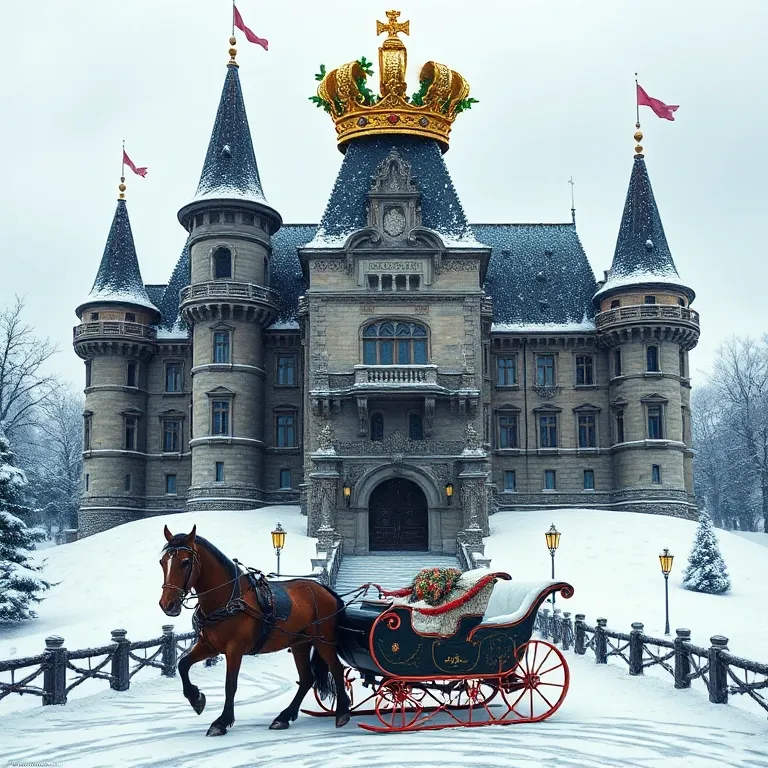 European castle in snow, horse-drawn sleigh out front, crown with holly above a royal crest; rich, regal colors.