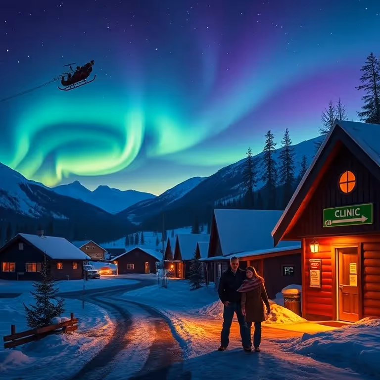AI artwork of Alaskan village at twilight with northern lights, Santa's sleigh overhead and a couple sharing a scarf