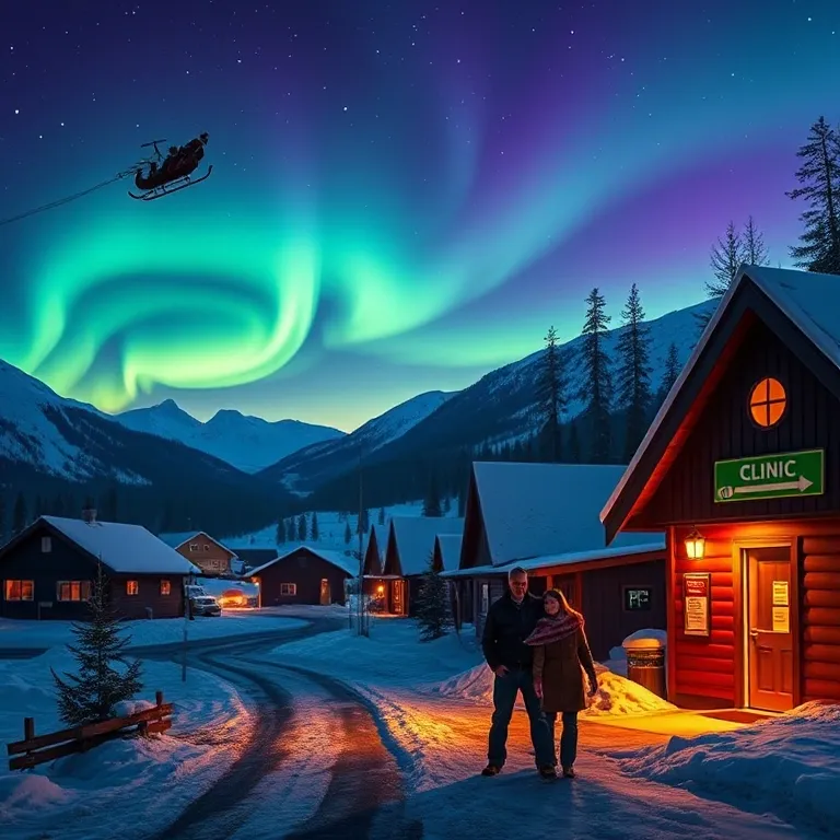 Alaskan village at twilight with northern lights, Santa's sleigh overhead, and a couple sharing a scarf near a lit clinic.
