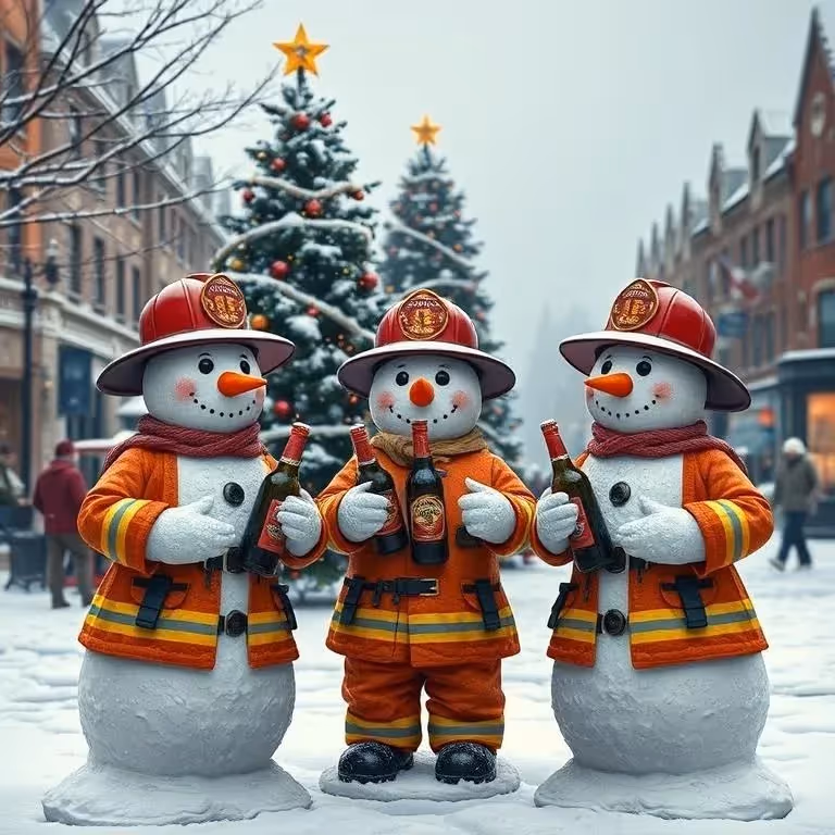 AI art of three snowmen dressed as firefighters, each holding a baby bottle, in a snowy town square with a Christmas tree