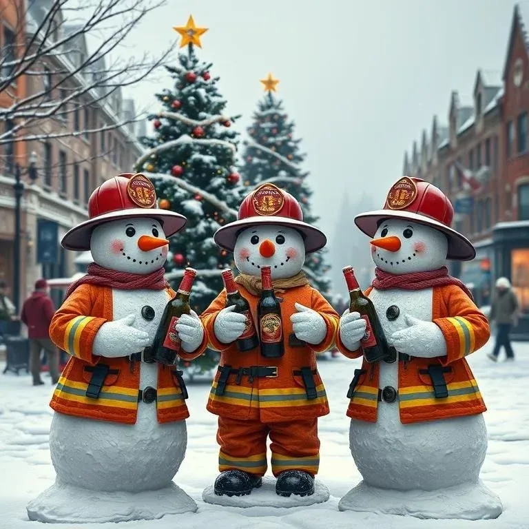 Three snowmen dressed as firefighters, each holding a baby bottle, in a snowy town square with a Christmas tree.