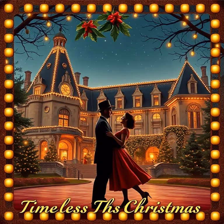 AI image creator of vintage 1940s-inspired scene of the Biltmore Estate adorned with Christmas lights