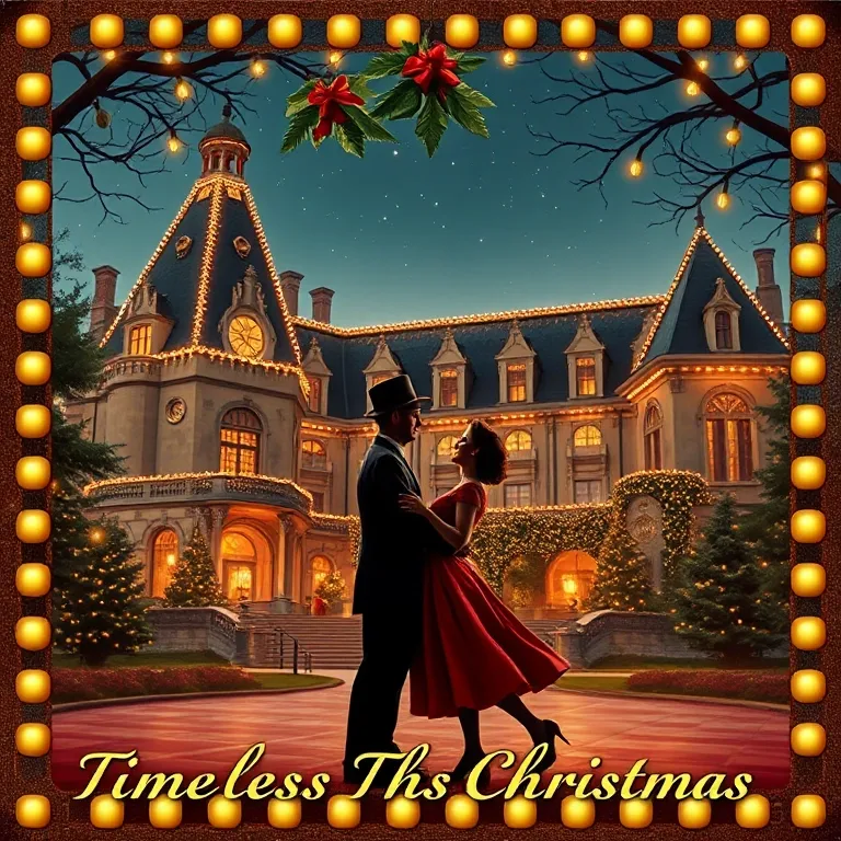 Vintage 1940s-inspired scene of the Biltmore Estate adorned with Christmas lights, with a couple in retro attire.