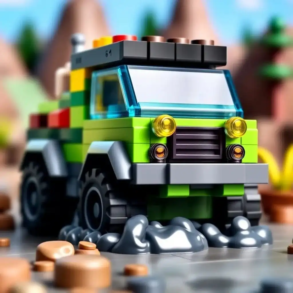 A rugged green and grey truck tearing through a muddy patch, with realistic brick-built terrain and splashes of grey “mud” bricks beneath its tires.