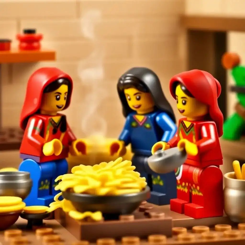 A warm, indoor kitchen scene: three hooded Mexican minifigures stand around a steaming pan of food on a rustic table, passing bowls and smiling.
