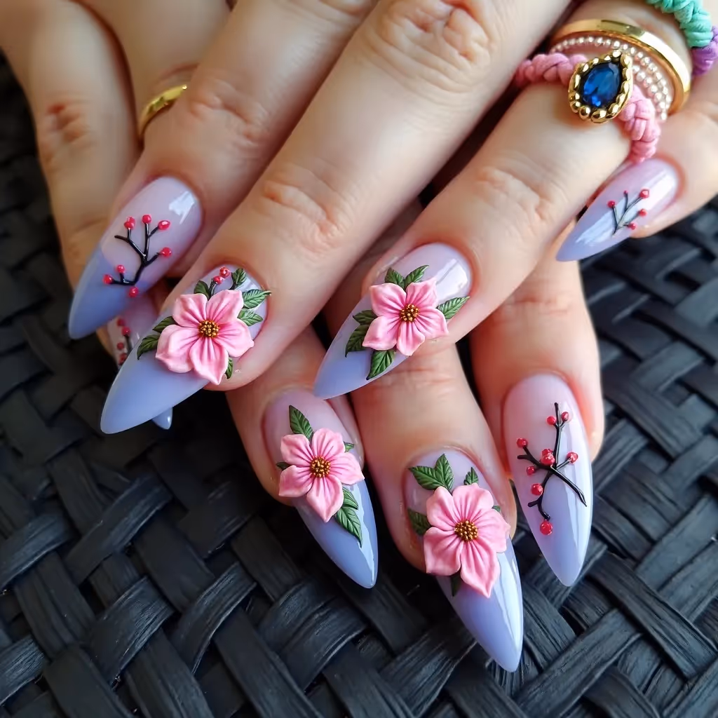 Arte de uñas con IA decorado con elaboradas uñas florales esculpidas en 3D