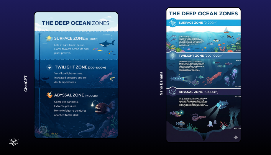 Nano Banana Pro should maintain perfect spacing and legible text even in the dense bottom section. GPT 1.5 often crowds the text or makes small fonts illegible.