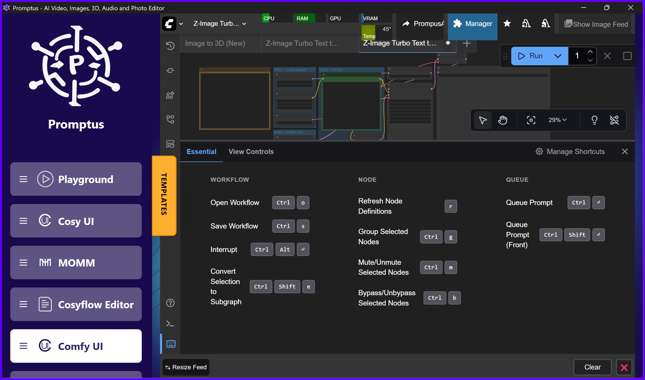 keyboard shortcuts in Promptus ComfyUI interface with workflow nodes visible on screen