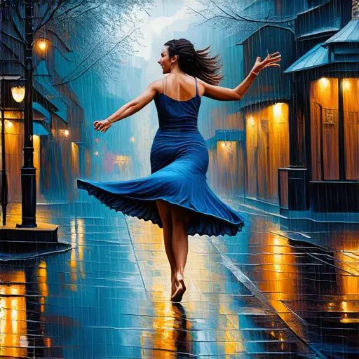 Photorealistic painting of woman dancing in the rain generated on AI. 